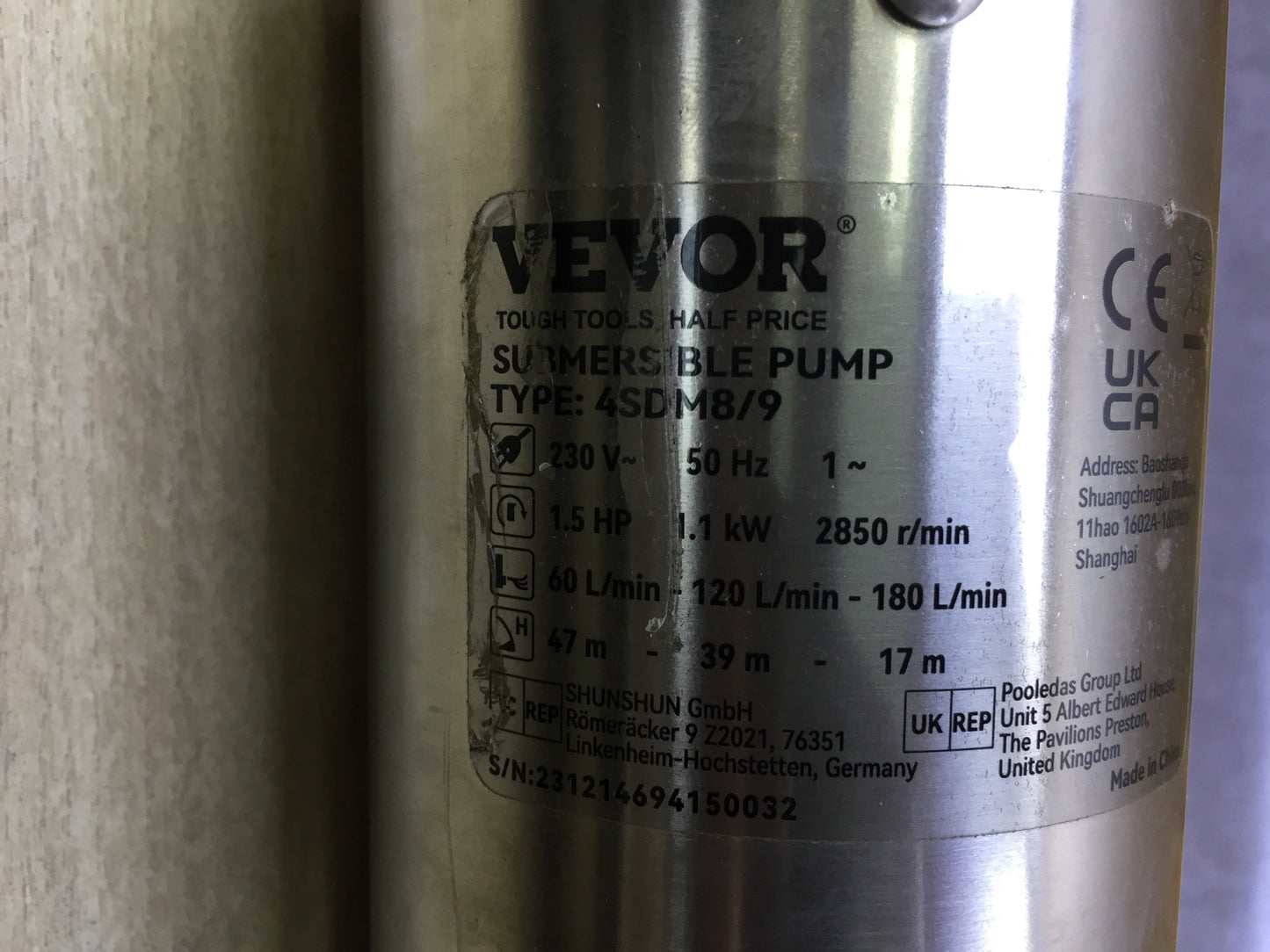 VEVOR 4SDM8/9 Tiefbrunnenpumpe 1100W Brunnenpumpe, I27305