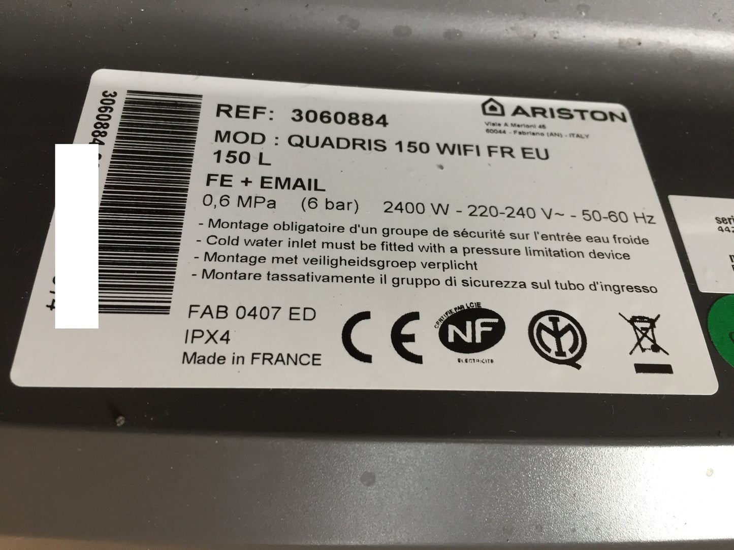 ARISTON QUADRIS 150 WIFI FR EU hot water tank 3060884 150L EEK: B I30597