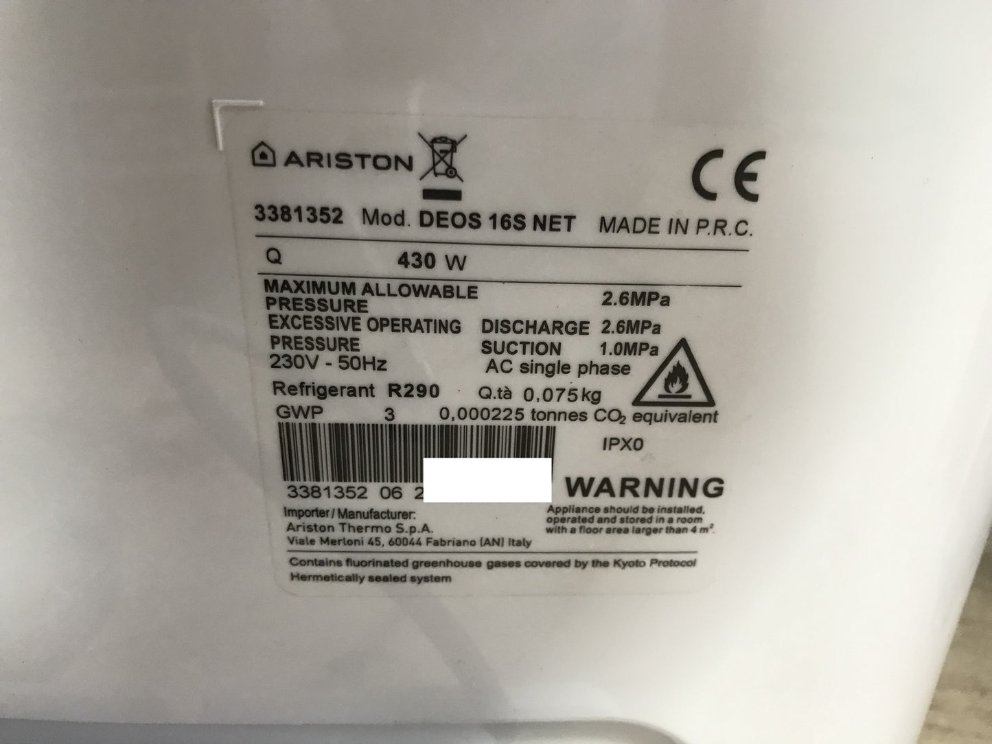 Ariston DEOS 16S NET Portable Dehumidifier 3381352, 430W, 16 L/day, I32323