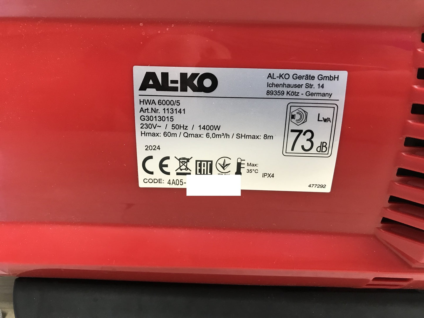 AL-KO domestic water pump HWA 6000/5 (113141), 1400 W, 6000 l/h, I33067