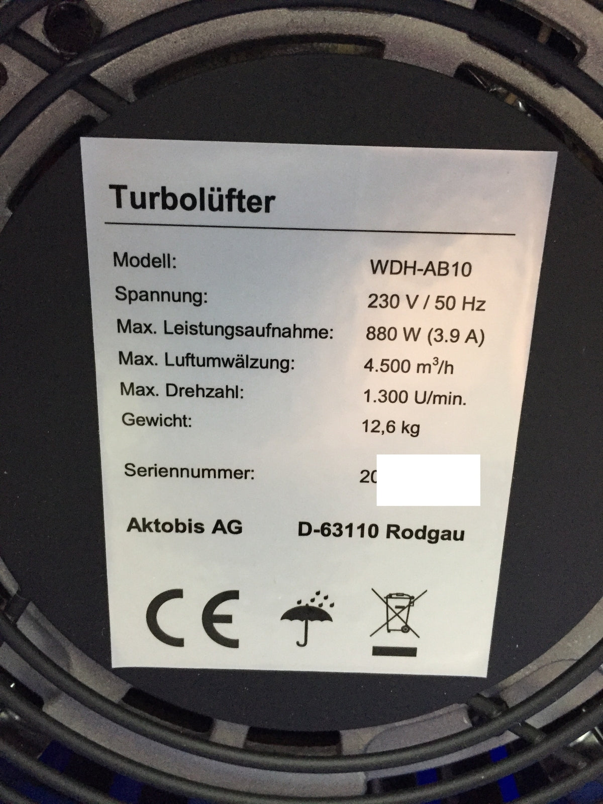 WDH turbo fan, blower, wind machine WDH-AB10, I32820
