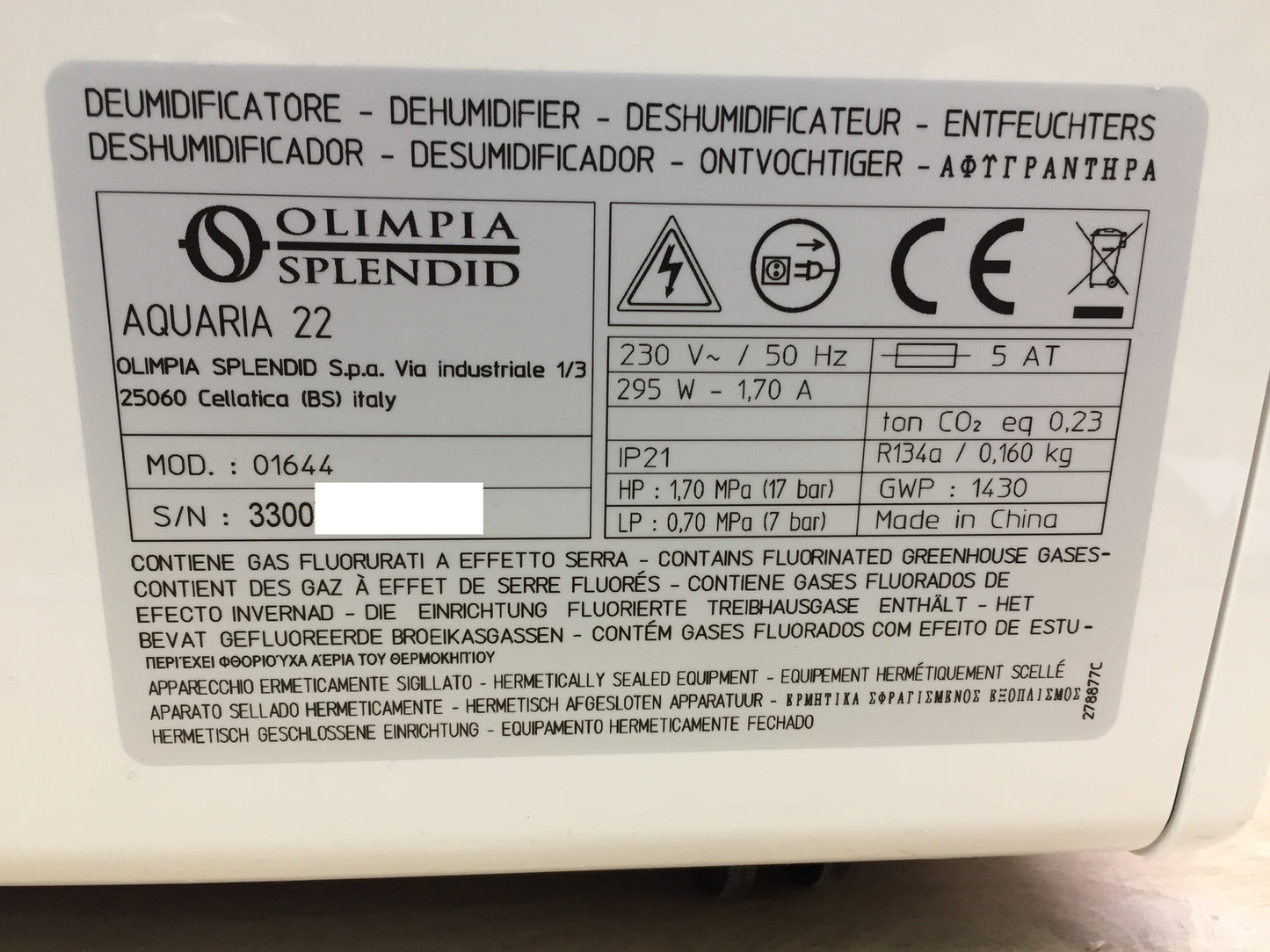 Olimpia Splendid 01644 Luftentfeuchter Aquaria 22, I32825