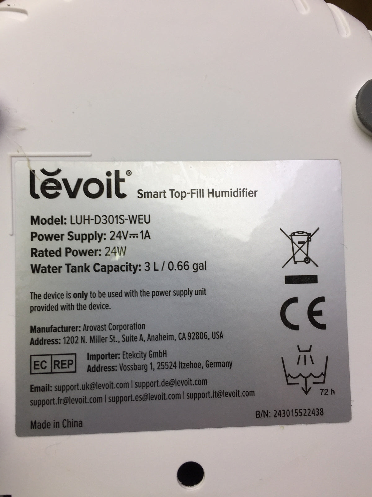 LEVOIT 3L Top Fill Luftbefeuchter LUH-D301S, I31927