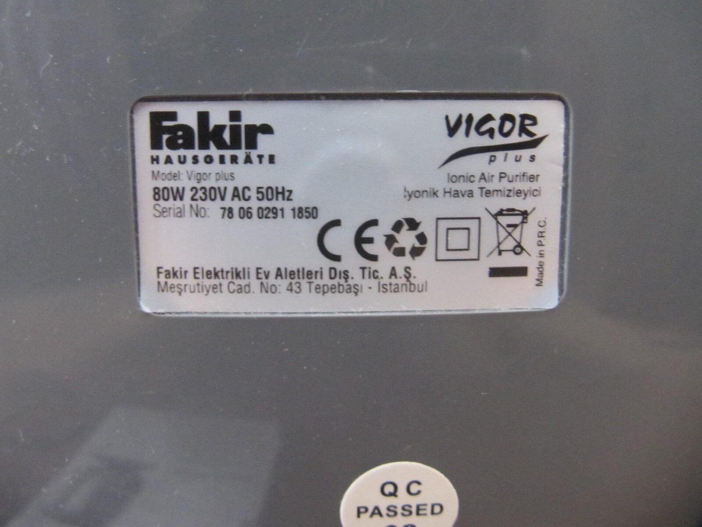 Fakir Vigor Plus air purifier with ionizer DEFECTIVE! Y08497