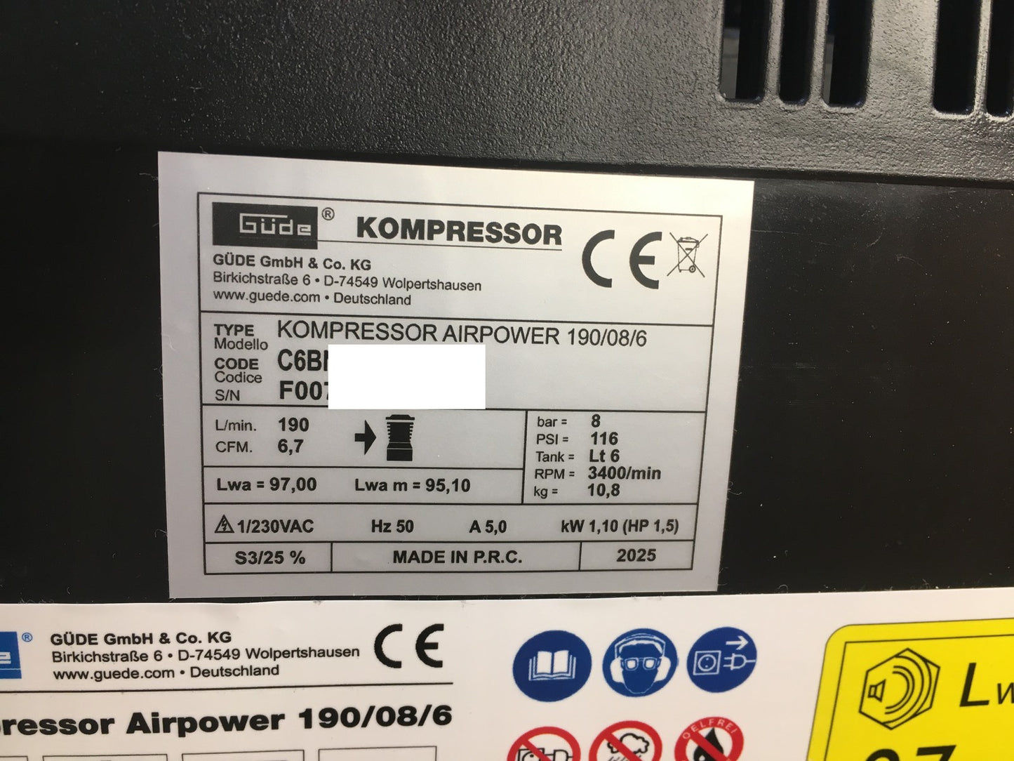 Güde 50089 Kompressor Airpower 190/08/6, ölfrei, max. Druck 8 bar, I37395