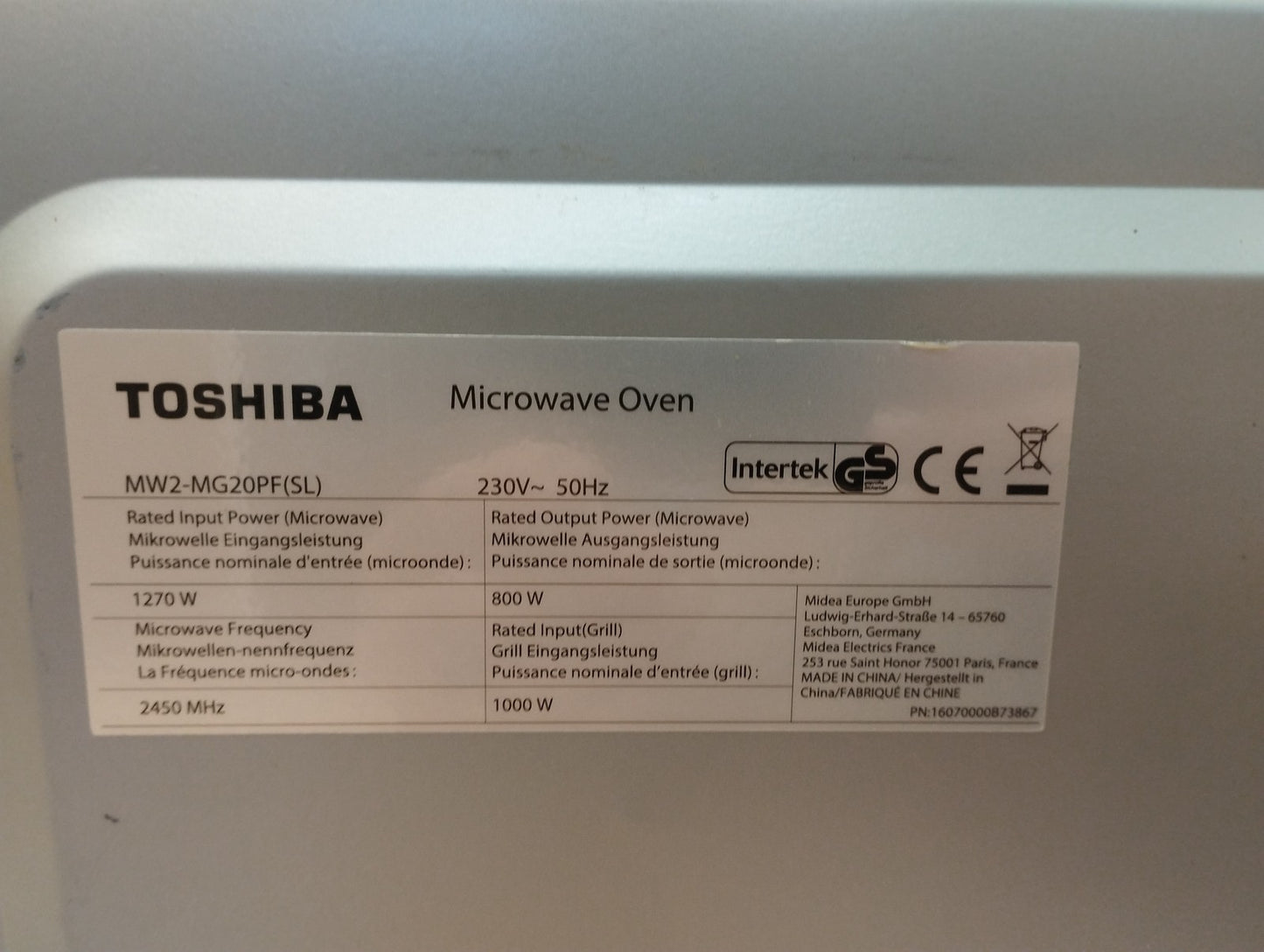 Toshiba MW2-MG20PF(SL) Mikrowelle mit Grill 20L 800W I39819