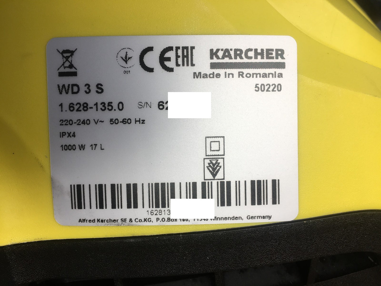 Kärcher 1.628-135.0 Nass-/Trockensauger WD 3 S, 1000W, 17L, I37479