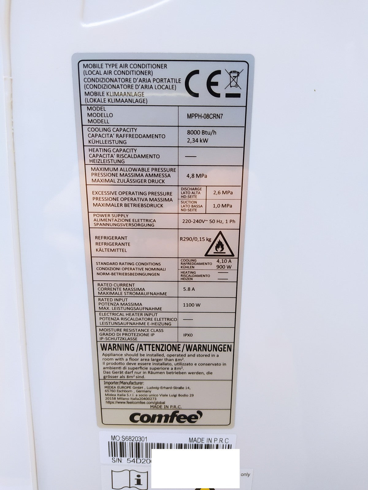 Comfee MPPH-08CRN7 Mobiles Klimagerät 1100 W, 230 V, weiss, EEK:A, I37813