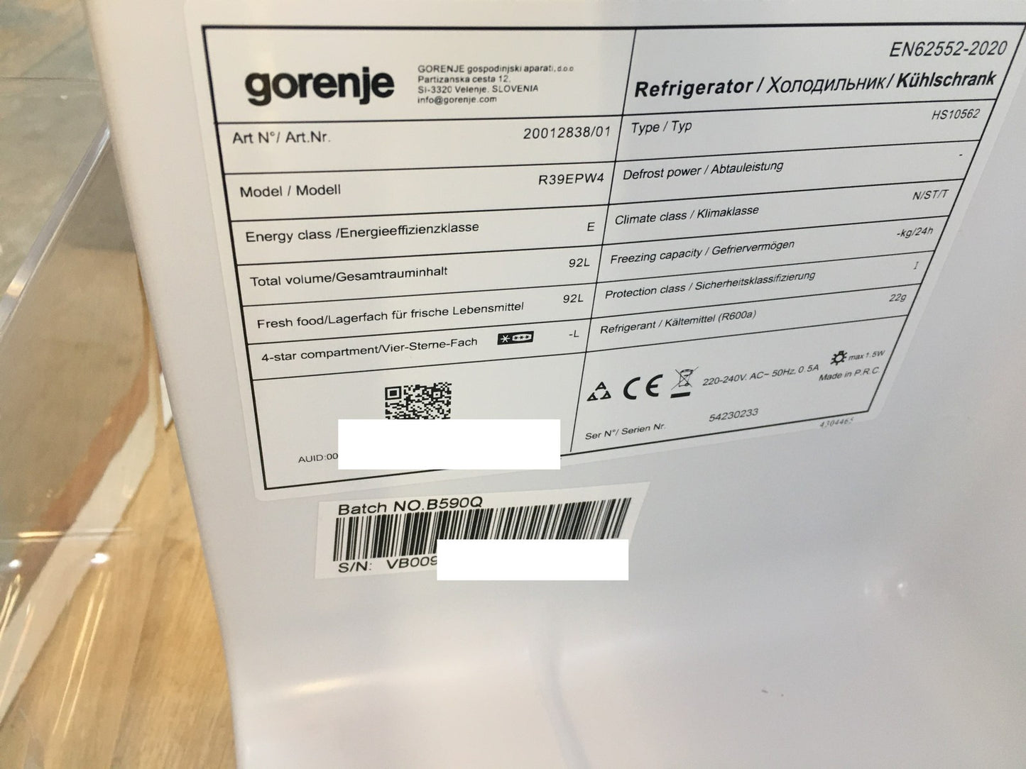 Gorenje R39EPW4 Tischkühlschrank Freistehend, 40dB, 92 L, EEK E, I39436
