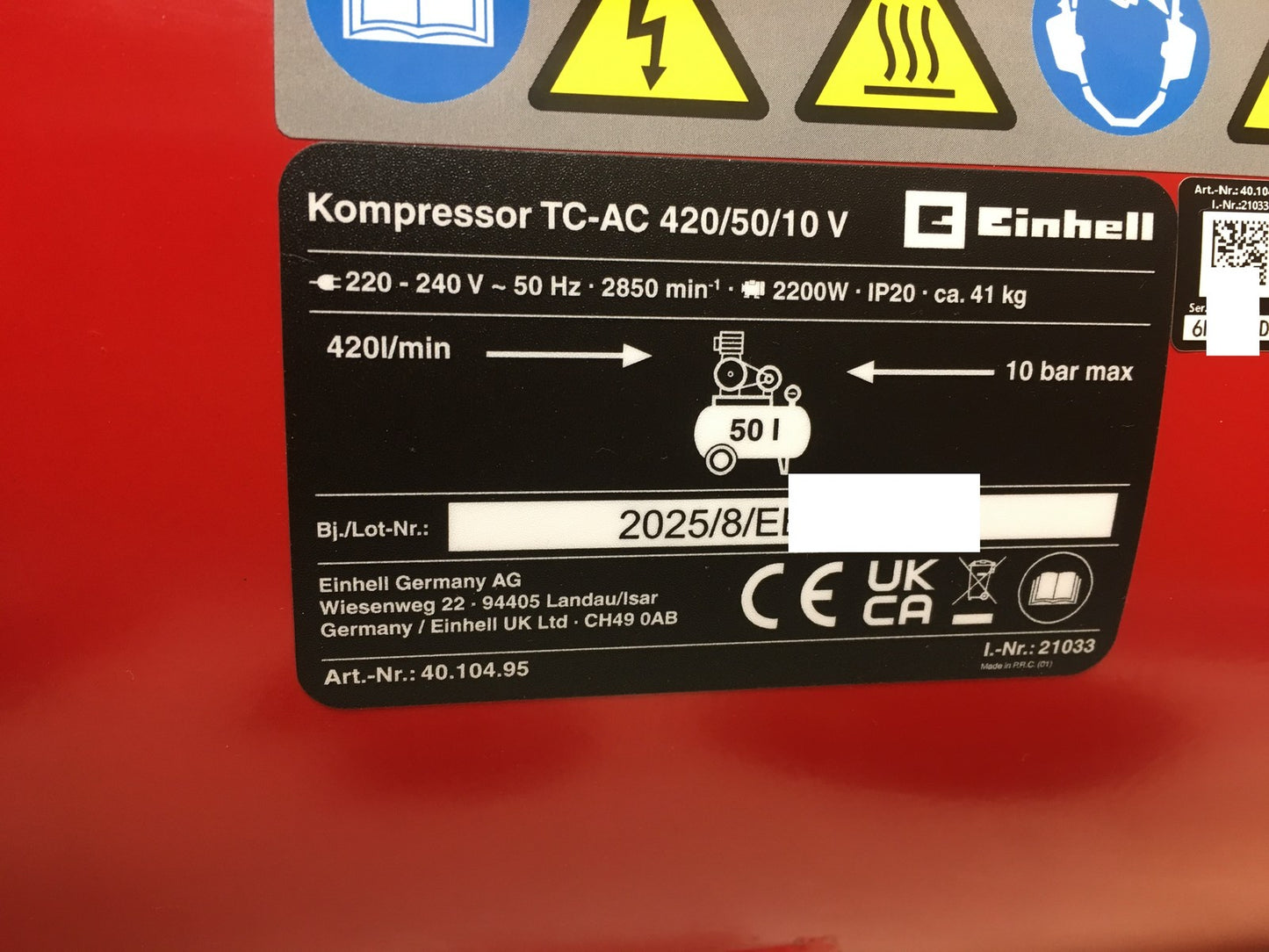 Einhell TC-AC 420/50/10 V Kompressor 2200W max. 10bar 50 l-Tank (4010495) I36845