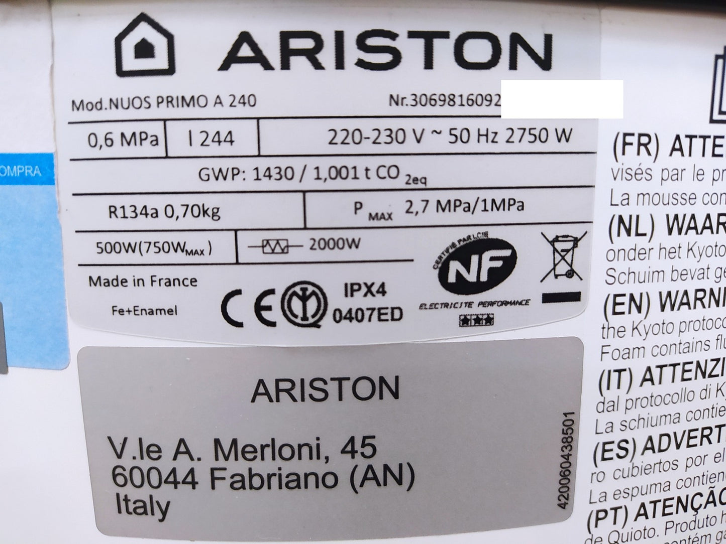 Ariston 3069816 Nuos Primo A 240 Wärmepumpe Wasrmwasserspeicher 244L, EEK:A,