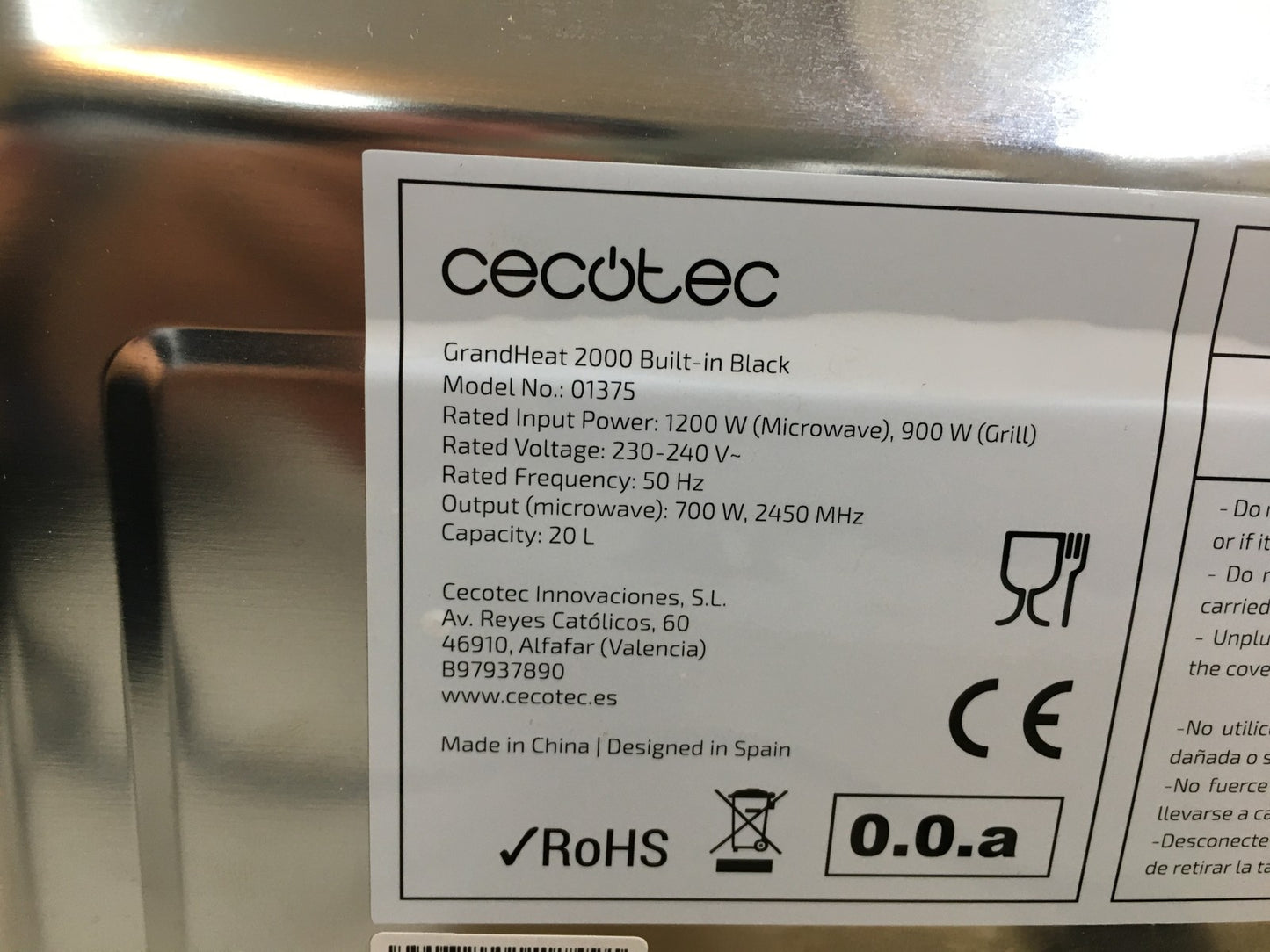 Cecotec 01375 Mikrowelle GrandHeat 2000 Built-in Black, 20L, I39509