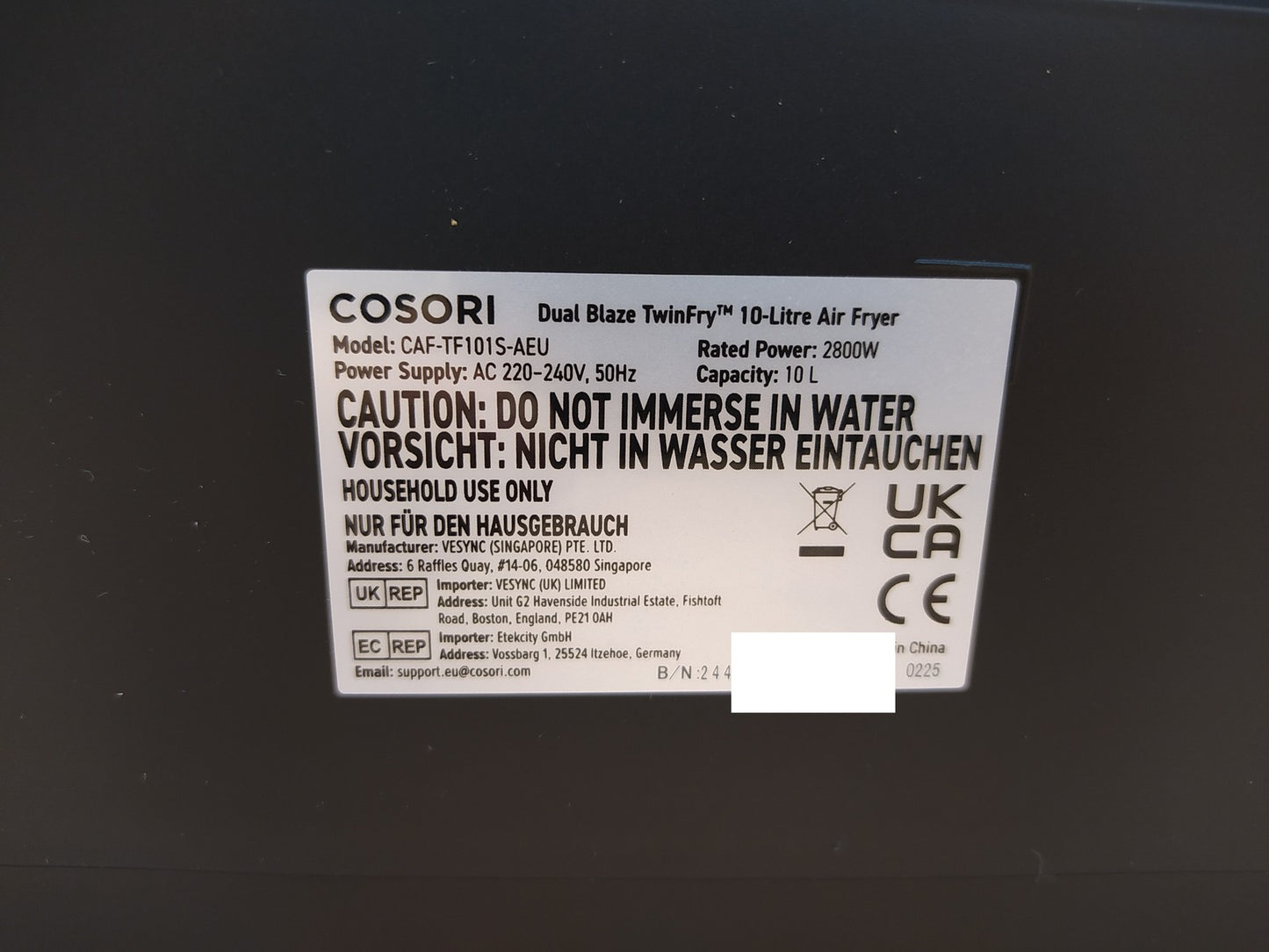 COSORI CAF-TF101S-AEU Heißluftfritteuse TwinFry XXL, 10L, 2800W, I39327