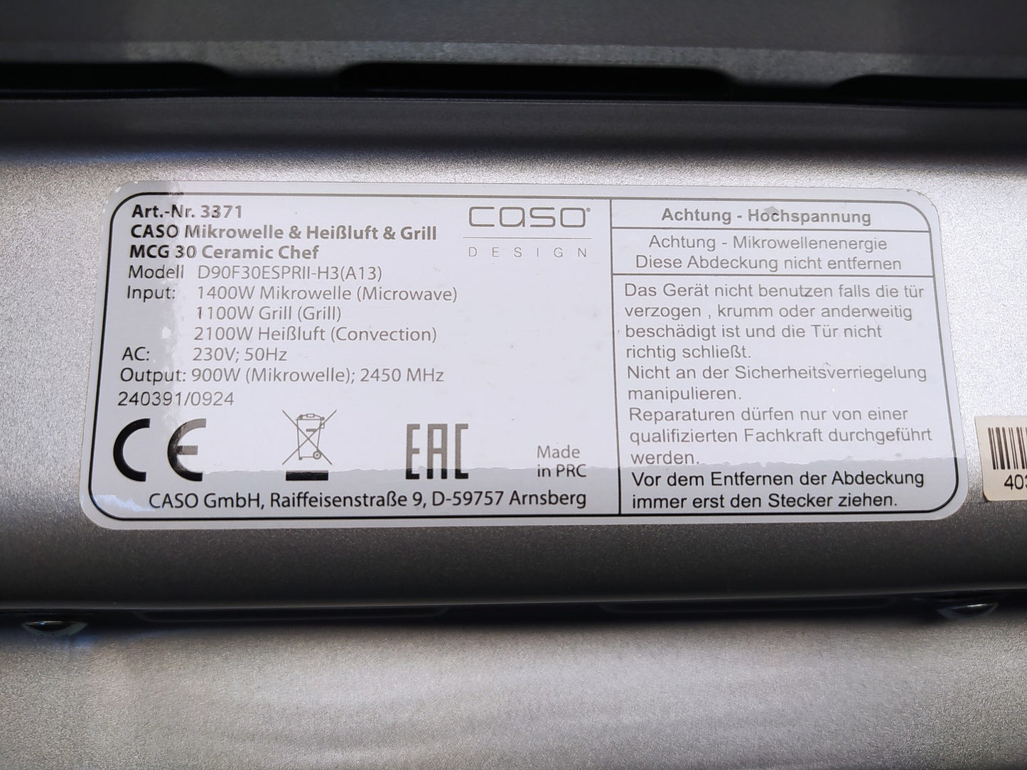 CASO MCG 30 Ceramic chef Mikrowelle mit Grill + Heißluft 2100W 30L, I37672