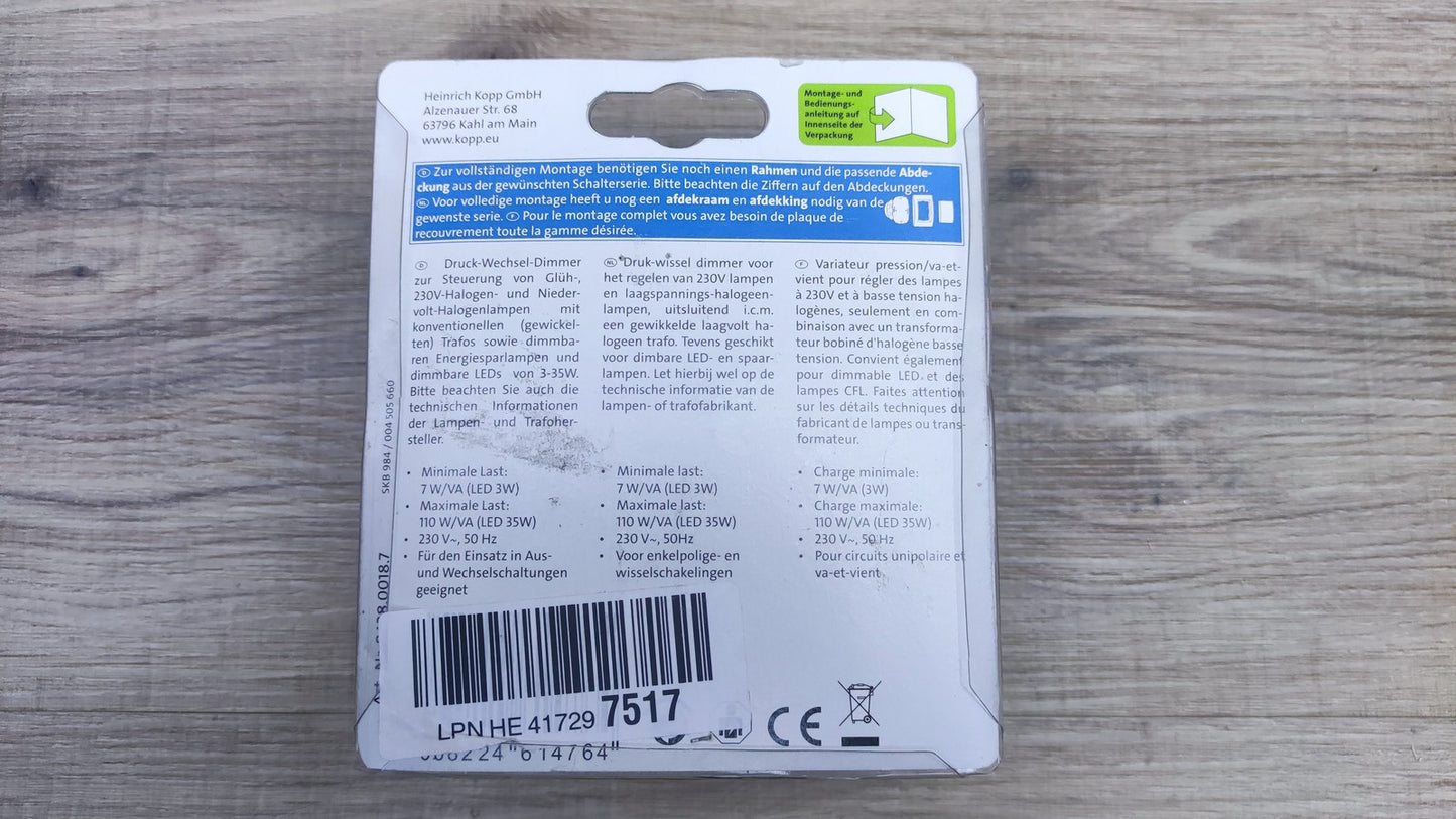 Kopp 8428 LED Dimmer Sockel mit Druck-Wechselschalter, I36143