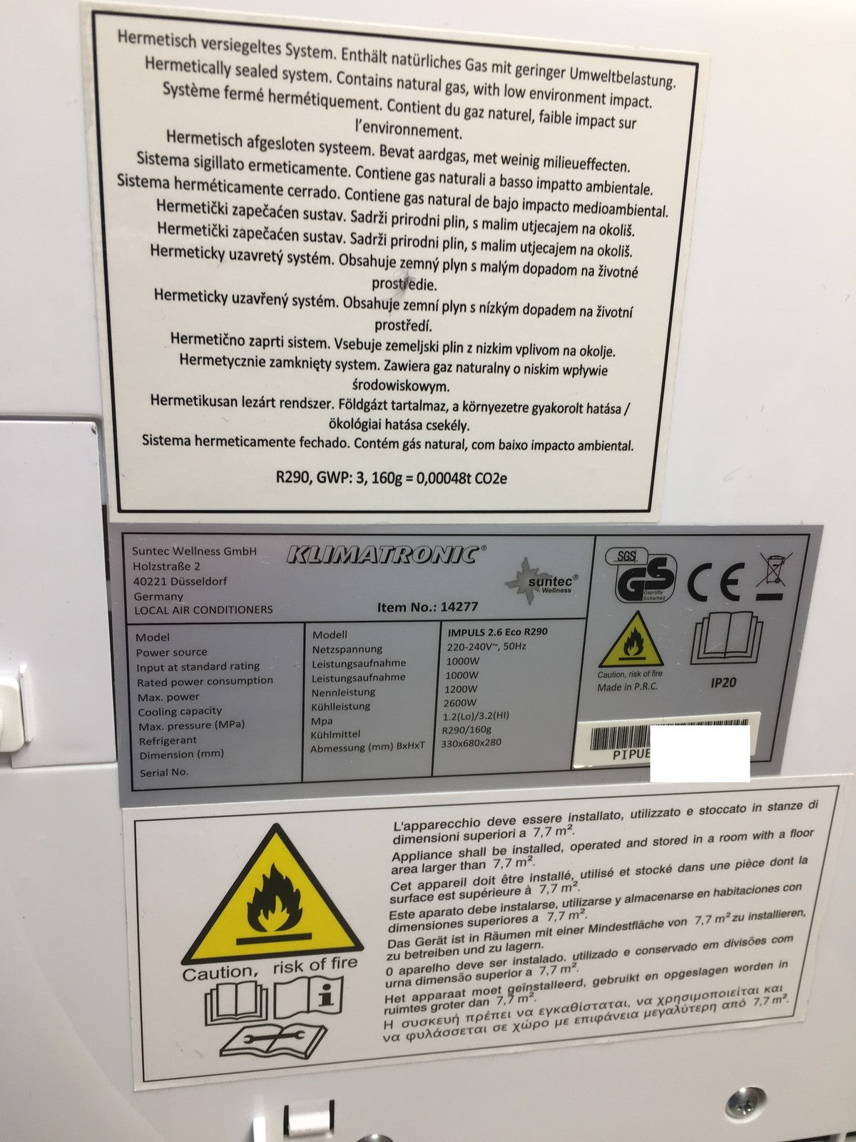Suntec 14277 mobile Klimaanlage Impuls 2.6 Eco R290 9000 BTU/h EEK: A I39095