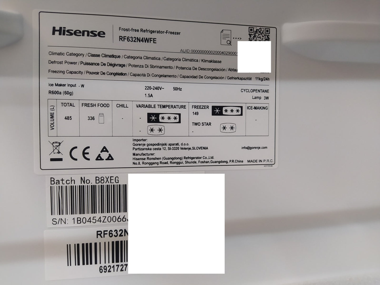 Hisense RF632N4WFE Kühlschrank Freistehend French Door 485L NoFrost I37999