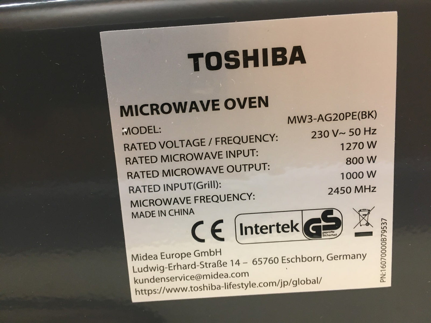 Toshiba MW3-AG20PE(BK) Mikrowelle mit Grill 20L 3-in-1 800W, Grill 1000W, I38989