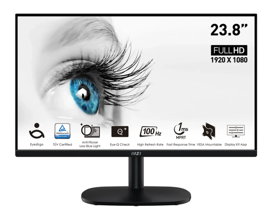 MSI PRO MP245V Monitor 23.8" FHD 1920x1080 VA HDMI VGA Adaptive Sync 100Hz 1ms 