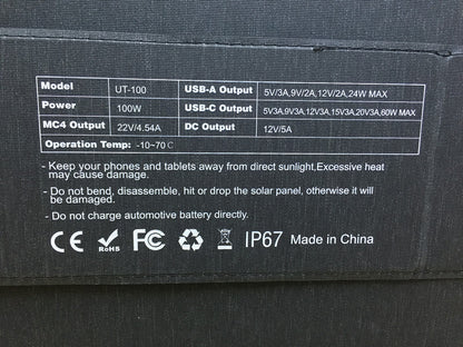 Ecosonique UT-100 solar panel with removable power hub, 100W, I33226 