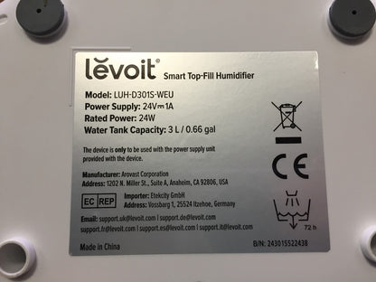LEVOIT 3L Top Fill Luftbefeuchter LUH-D301S, I34115