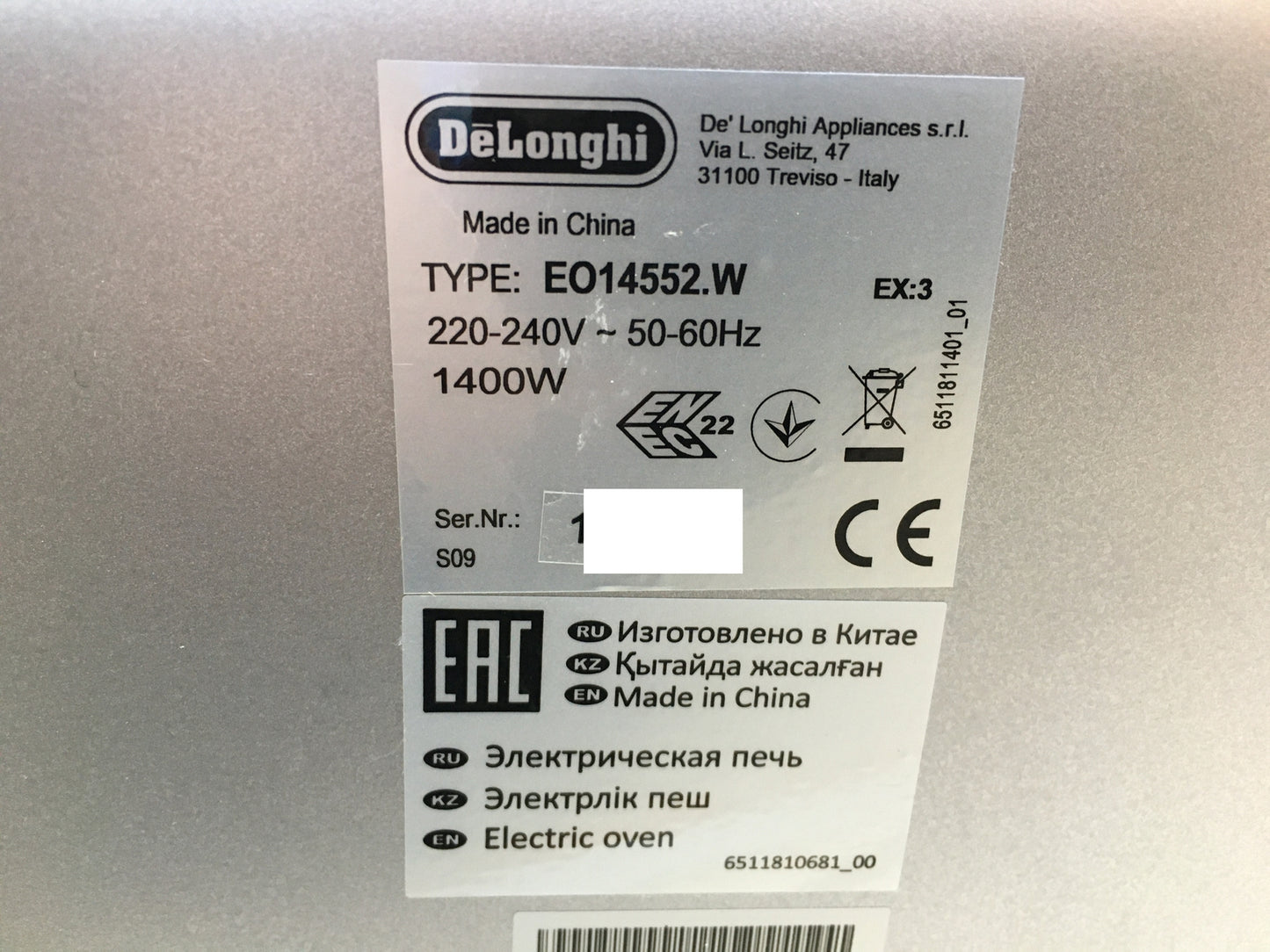 De'Longhi EO14552.W Mini Oven with Grill Function 14L 800W Timer I29097