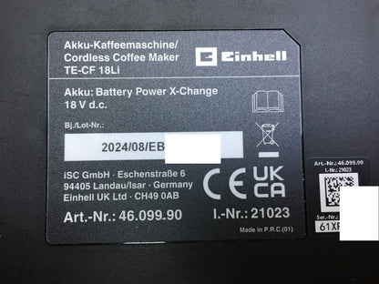 Einhell Cordless Coffee Machine TE-CF 18 Li Solo (4609990) 18V 240 ml, I33503 