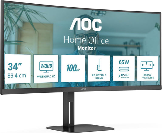 AOC CU34V5C/BK Monitor 34" UWQHD 3440x1440 VA HDMI DP USB-C AMD FreeSync 100Hz 