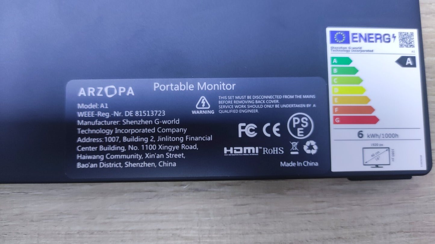 Arzopa A1 Travel Portable Monitor 15.6" FHD 1920x1080 IPS USB Type-C mini-HDMI