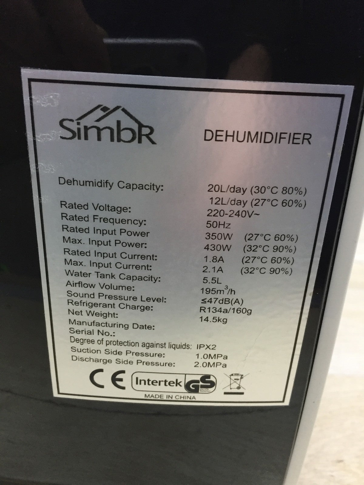 SIMBR Luftentfeuchter 20L/Tag Multifunktional I34186