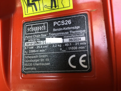Scheppach PCS26 Benzin-Kettensäge (5910126903), 20cm Schnittdurchmesser, I33565