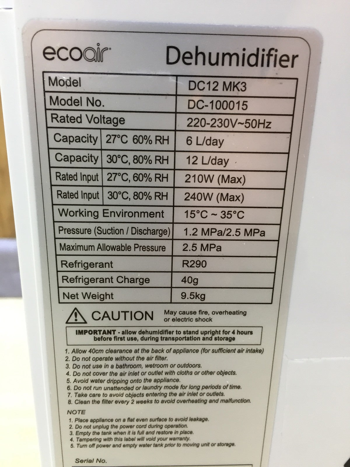 EcoAir DC12 MK3 Luftentfeuchter 12 L/Tag, I33233
