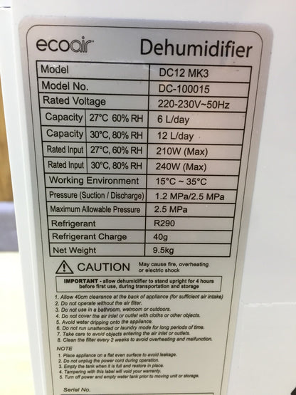 EcoAir DC12 MK3 Luftentfeuchter 12 L/Tag, I33233