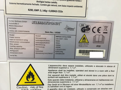 Suntec Wellness Mobiles Klimagerät Impuls 2.0 Eco R290 7000 BTU/h EEK: A, I33079