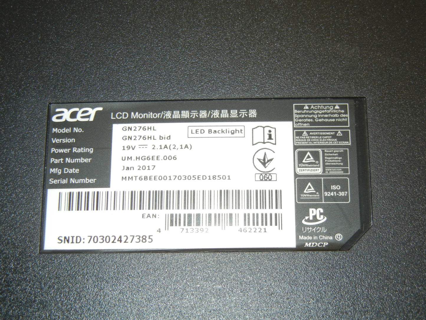 Acer Predator GN276HLbid 69 cm 27 inch Monitor DEFECT D38179