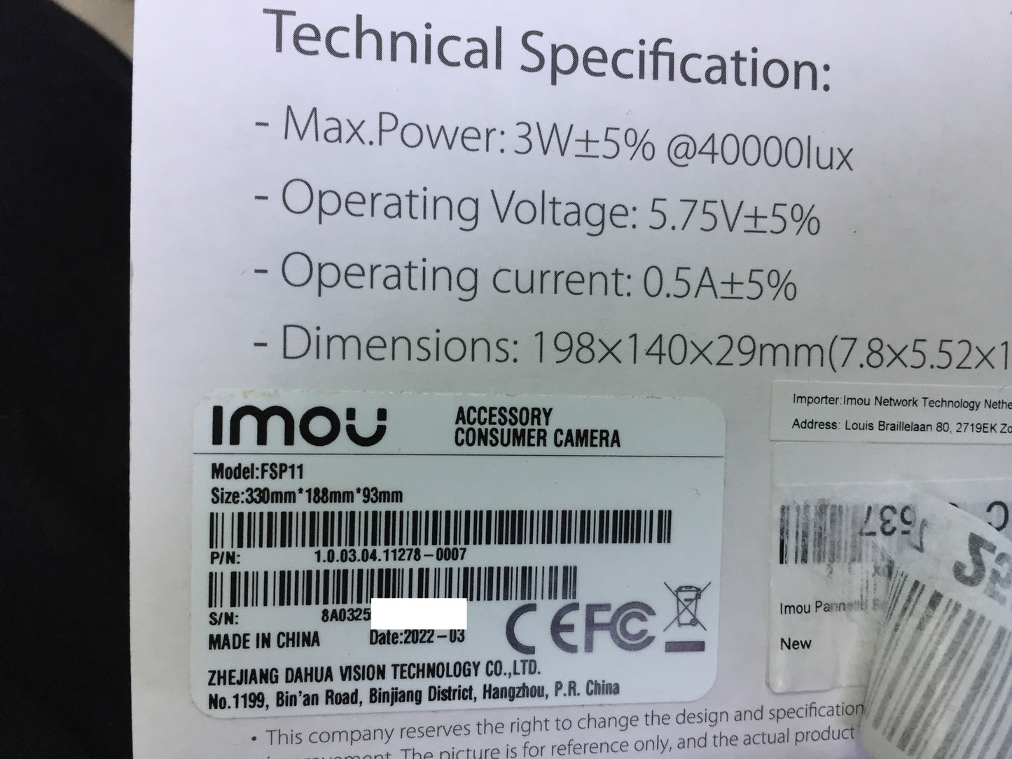 Imou FSP11 Solarpanel für drahtlose WiFi Outdoor-Kamera, I23272