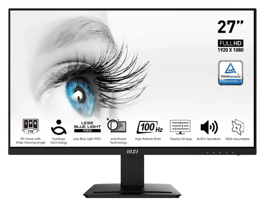 MSI PRO MP273A Monitor 27" FHD 1920x1080 VGA HDMI DP Adaptive Sync 100Hz 1ms