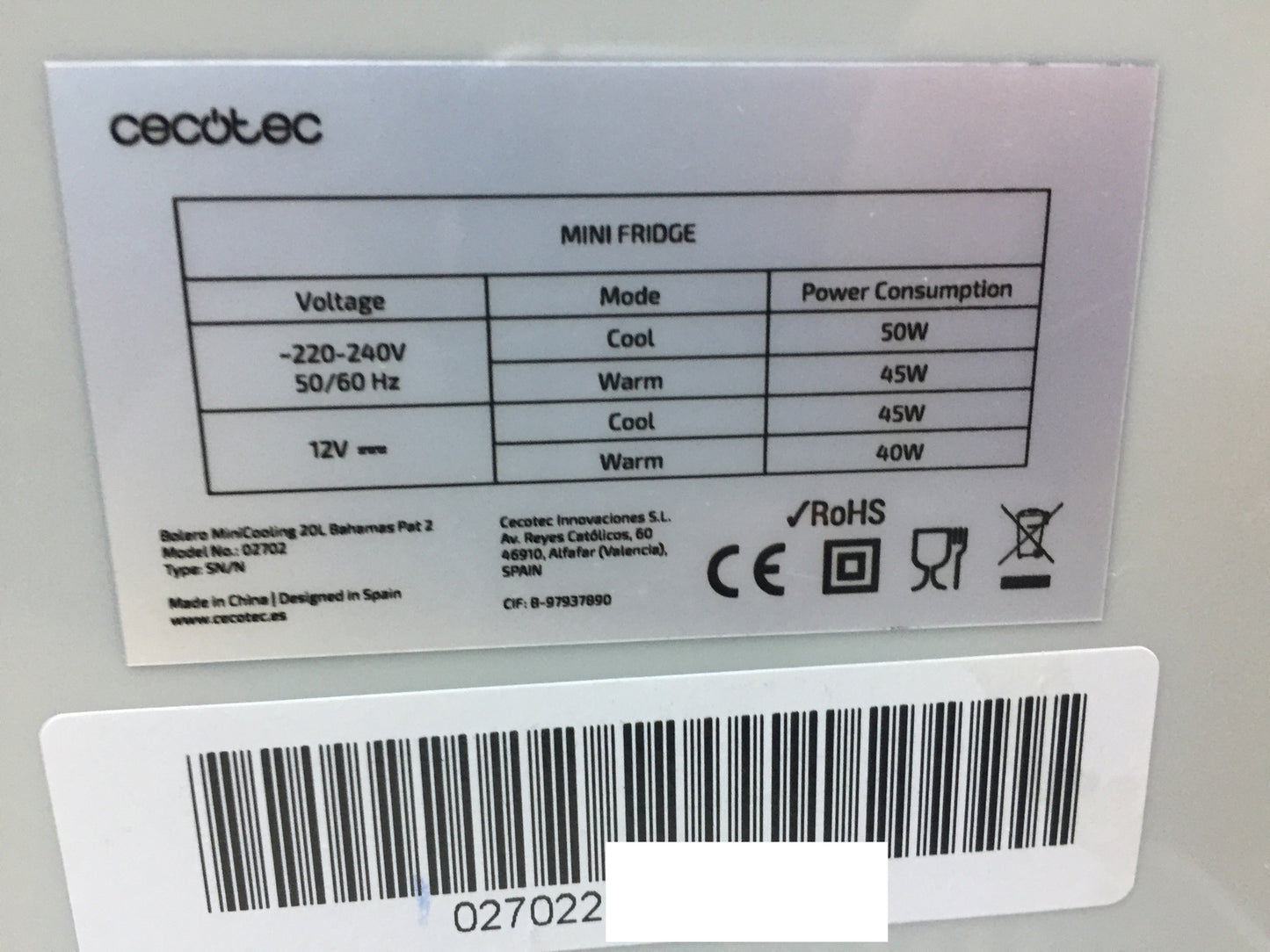 Cecotec Bolero MiniCooling 20L Bahamas Pat 2 Mini Kühlschrank (02702), I30878