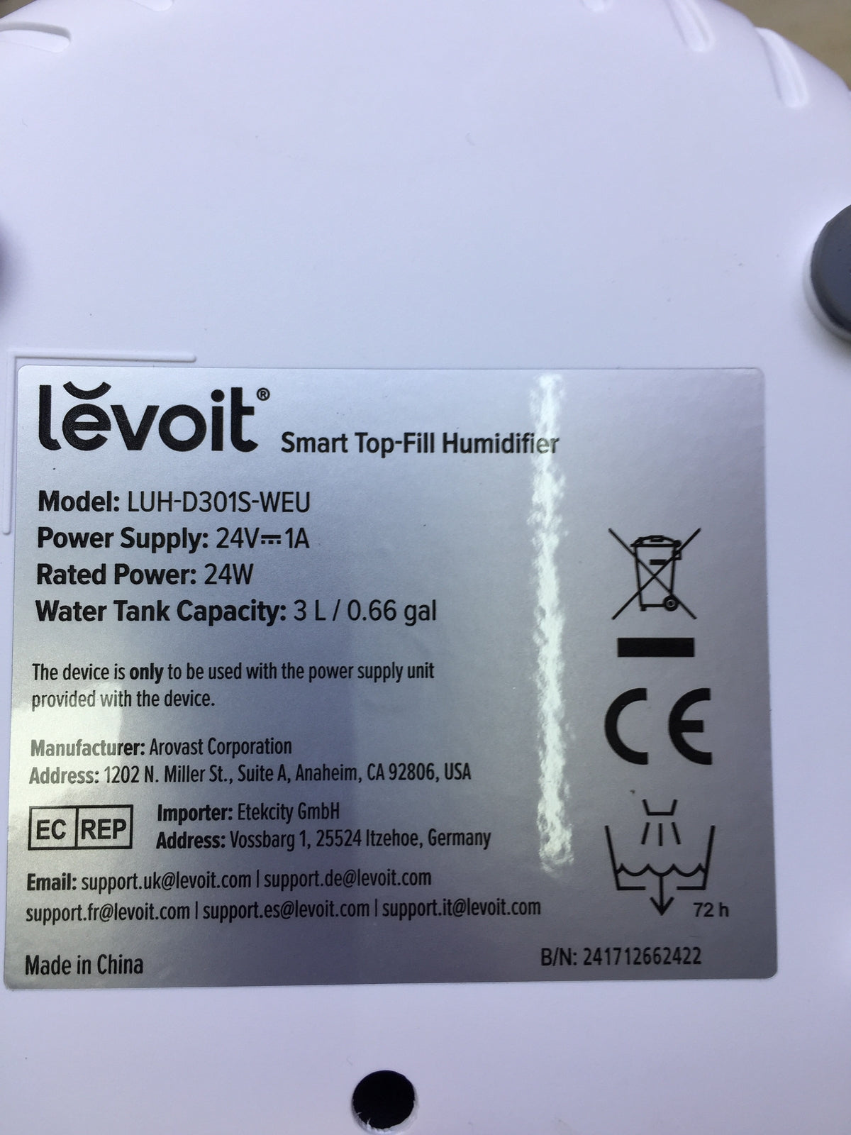 LEVOIT 3L Top Fill Luftbefeuchter LUH-D301S, I30594