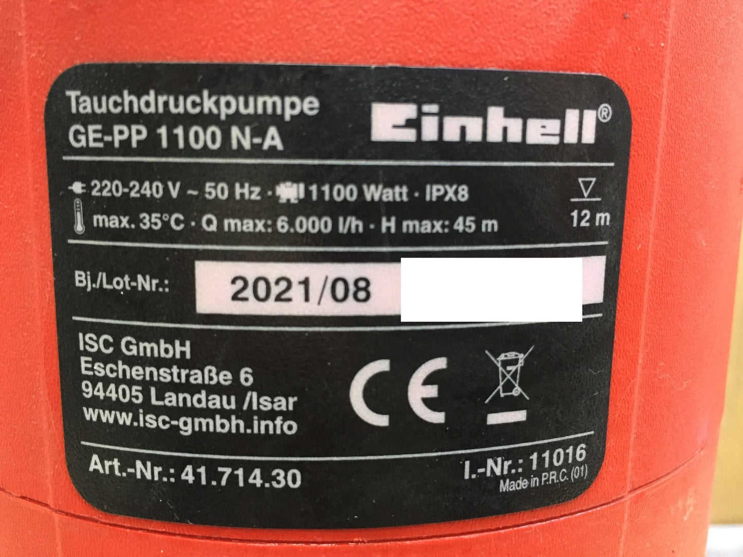 Einhell GE-PP 1100 N-A Elektro-Tauchpumpe 1100 W max. 6000 l/h (4171430), I33759