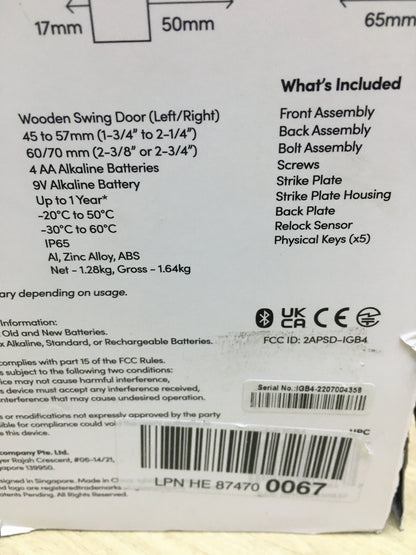 Igloohome IGB4 Smart Deadbolt S2 Intelligentes Schloss, I31427