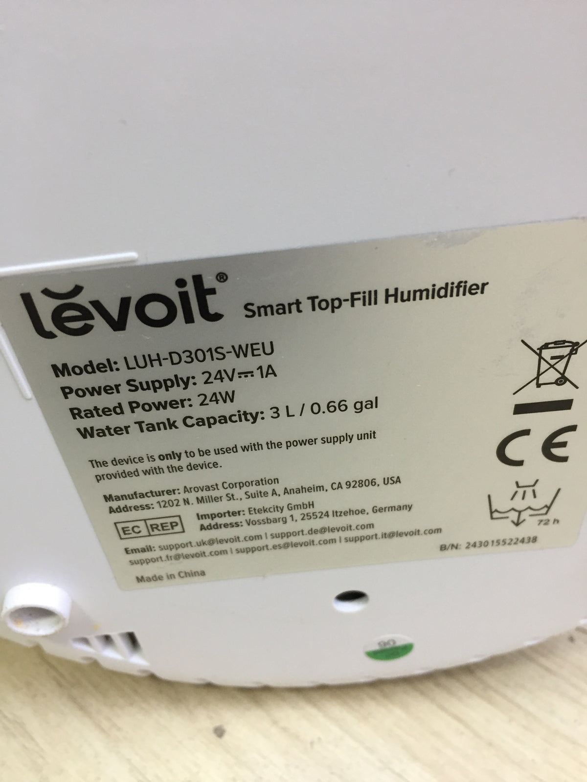 LEVOIT 3L Top Fill Humidifier LUH-D301S, I32036 