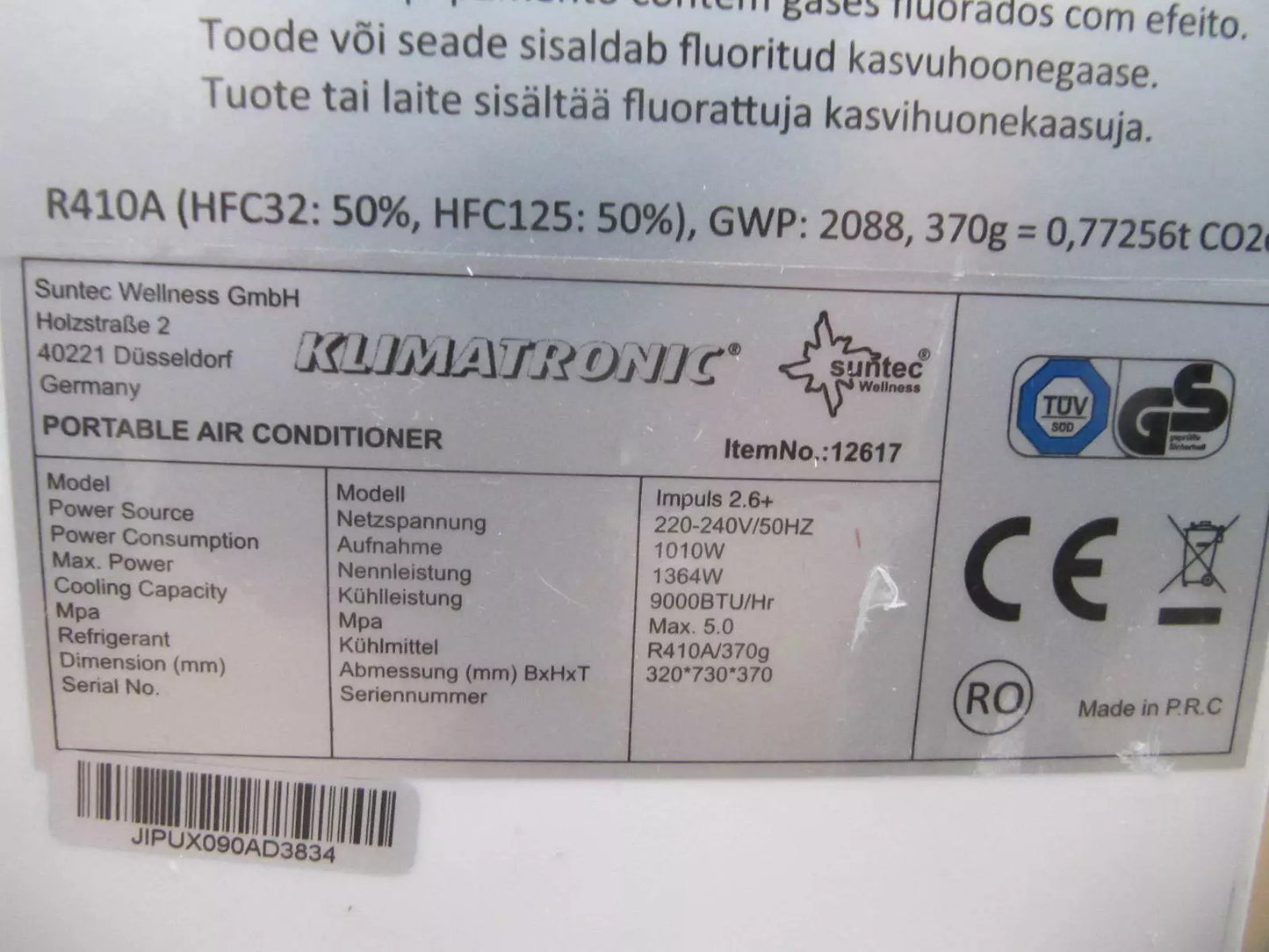 Suntec Wellness mobiles Klimagerät Impuls 2.6+ 9000 BTU/h bis 34m² EEK: A 12617