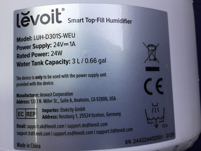 LEVOIT 3L Top Fill Luftbefeuchter LUH-D301S, I33722
