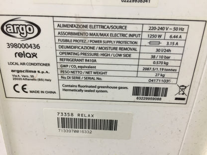 ARGO Relax 398000436 Mobile air conditioning unit 10000 Btu/h EEK: A 2.5kW, I26305 