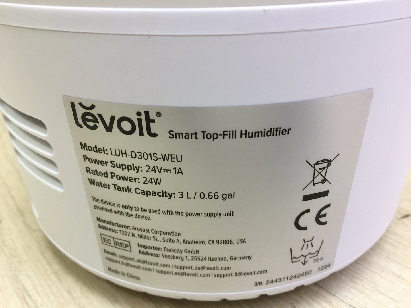 LEVOIT 3L Top Fill Humidifier LUH-D301S, I31938 