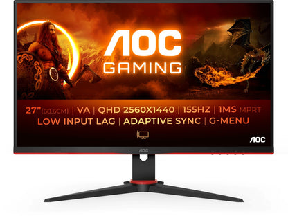 AOC Q27G2E/BK Gaming Monitor 27" QHD 2560x1440 HDMI DP AMD FreeSync 155Hz 1ms 