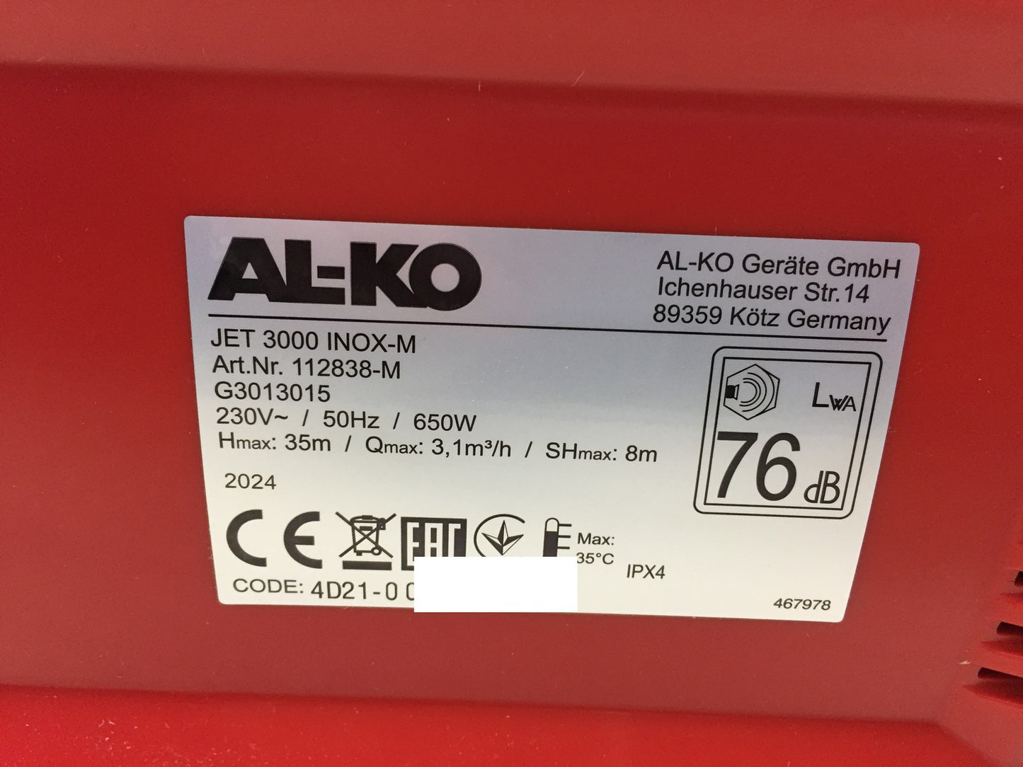 AL-KO Elektro-Gartenpumpe Jet 3000 Inox-M (112838), 650 W, I33724