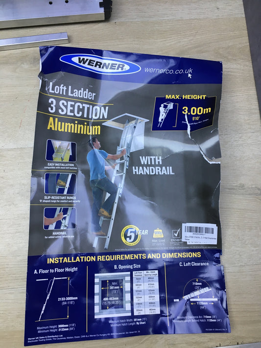 Werner 76003 3-teilig Aluminium Dachbodenleiter mit Handlauf 3,0m, I30389