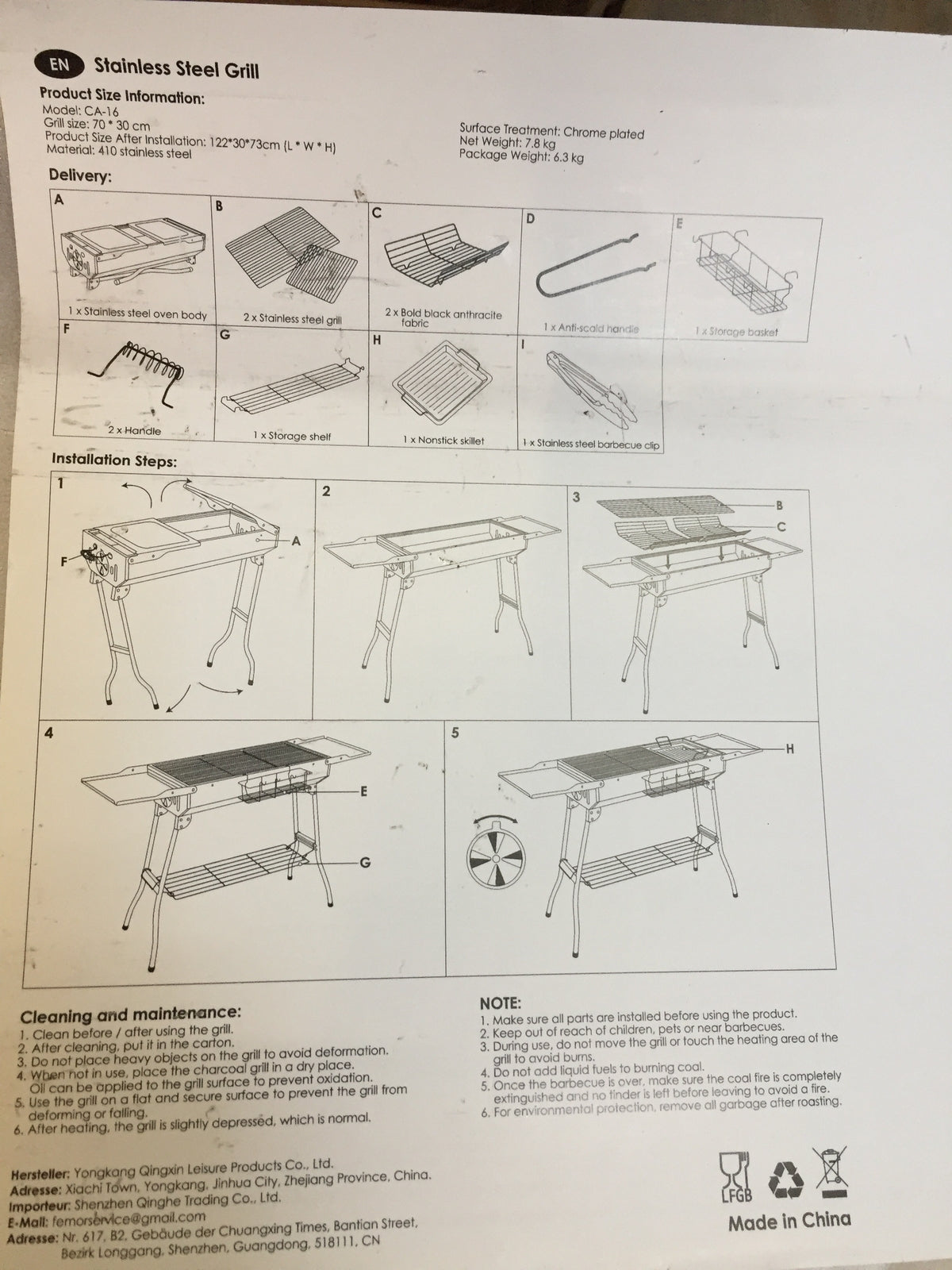 Yongkong CA-16 Gartengrill Edelstahl I13496
